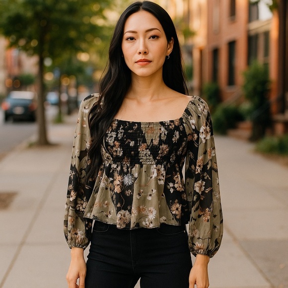 Womens Together Women’s Medium Sheer Floral Peasant Blouse Long Sleeve Boho Top - Picture 1 of 7